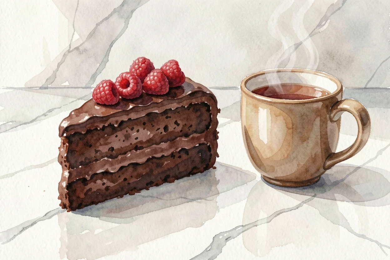 A slice of chocolate layer cake with fresh raspberries on a marble countertop with a warm mug of tea alongside.