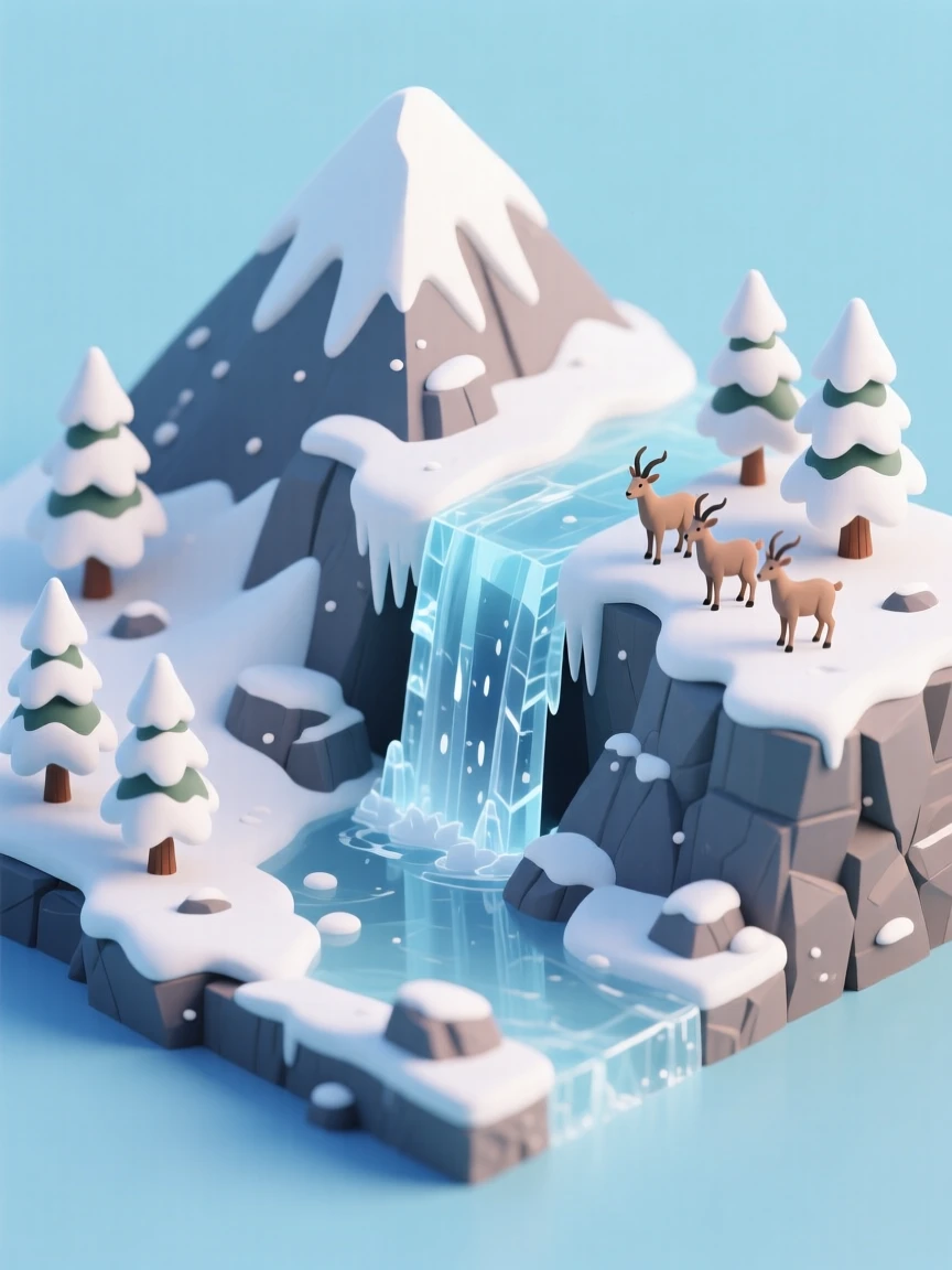 A snow-capped mountain valley with a frozen waterfall, pine trees dusted in white, and a herd of mountain goats picking along a rocky ledge.