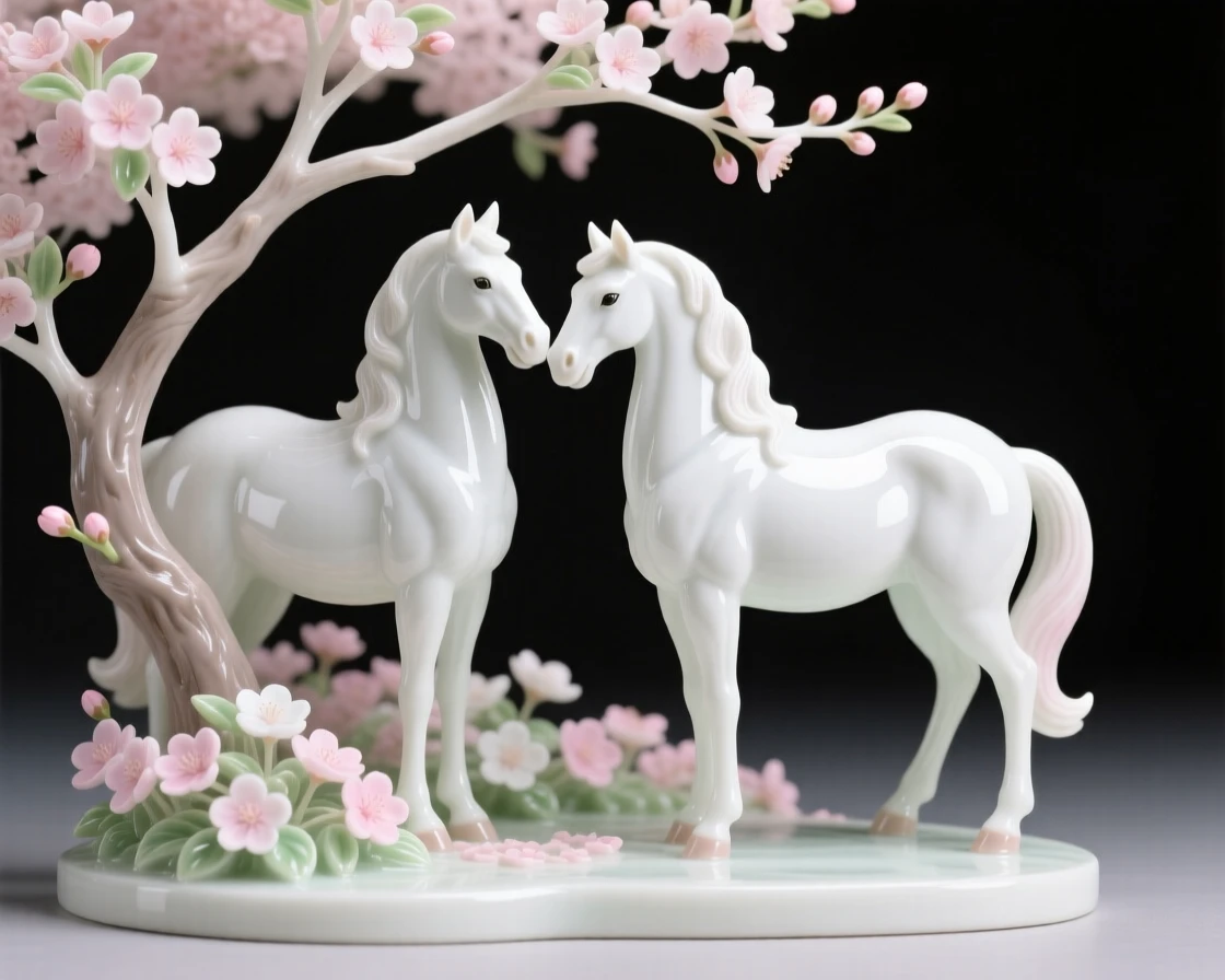 A pair of horses nuzzling gently beneath a blossoming tree beside a cherry blossom grove.