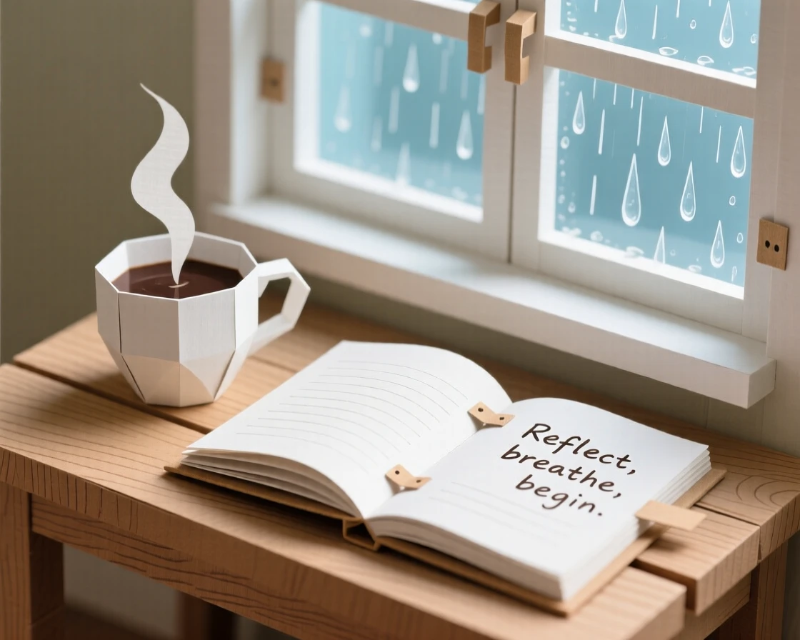A steaming cup of coffee resting beside an open journal on a wooden desk near a rain-streaked window, soft morning light filtering in, evoking quiet reflection and calm mornings.