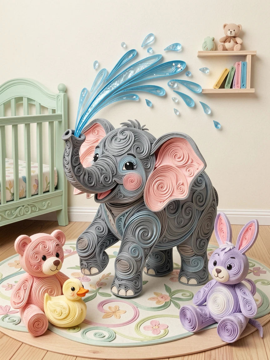 a baby elephant spraying itself with a tiny trunk full of water, in a cozy nursery filled with soft toys, captured mid-motion with a joyful, candid feel, with tiny sparkling highlights catching the light.