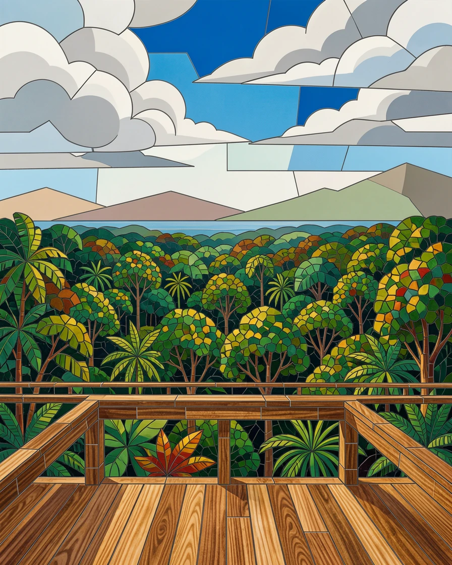 A wide panoramic view of a tropical rainforest canopy viewed from a high wooden lookout, with dramatic clouds and rich natural color.