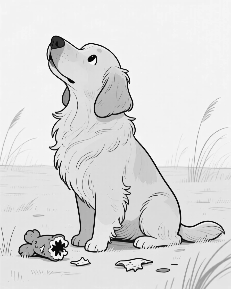 A fluffy golden retriever with one ear flopped inside out, tilting its head at an impossible angle, set in an open, windswept meadow. A half-chewed toy lies forgotten nearby. The image radiates pure comic affection.
