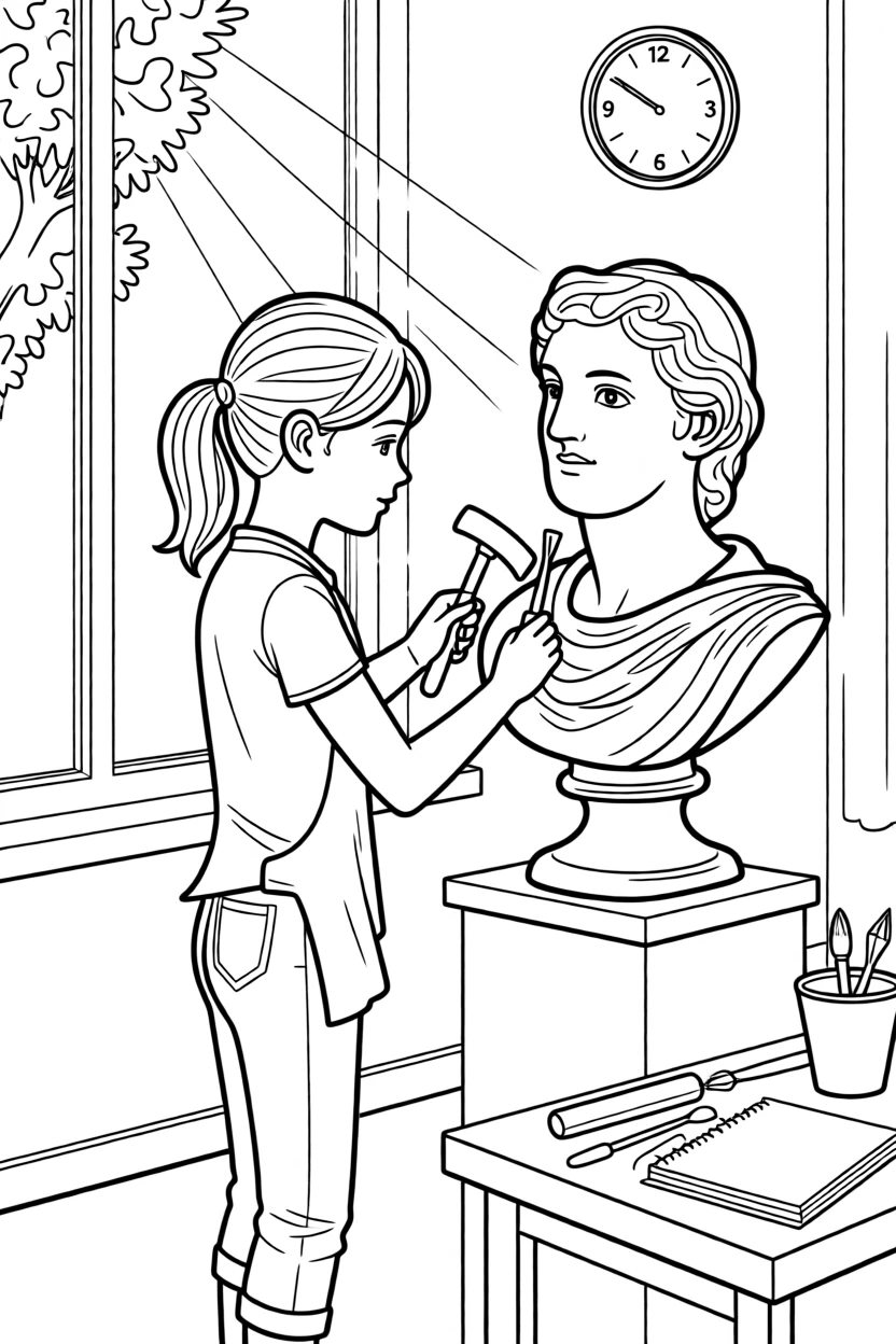 A sculptor chiseling detail into a marble bust, with a window casting soft natural light over the scene.