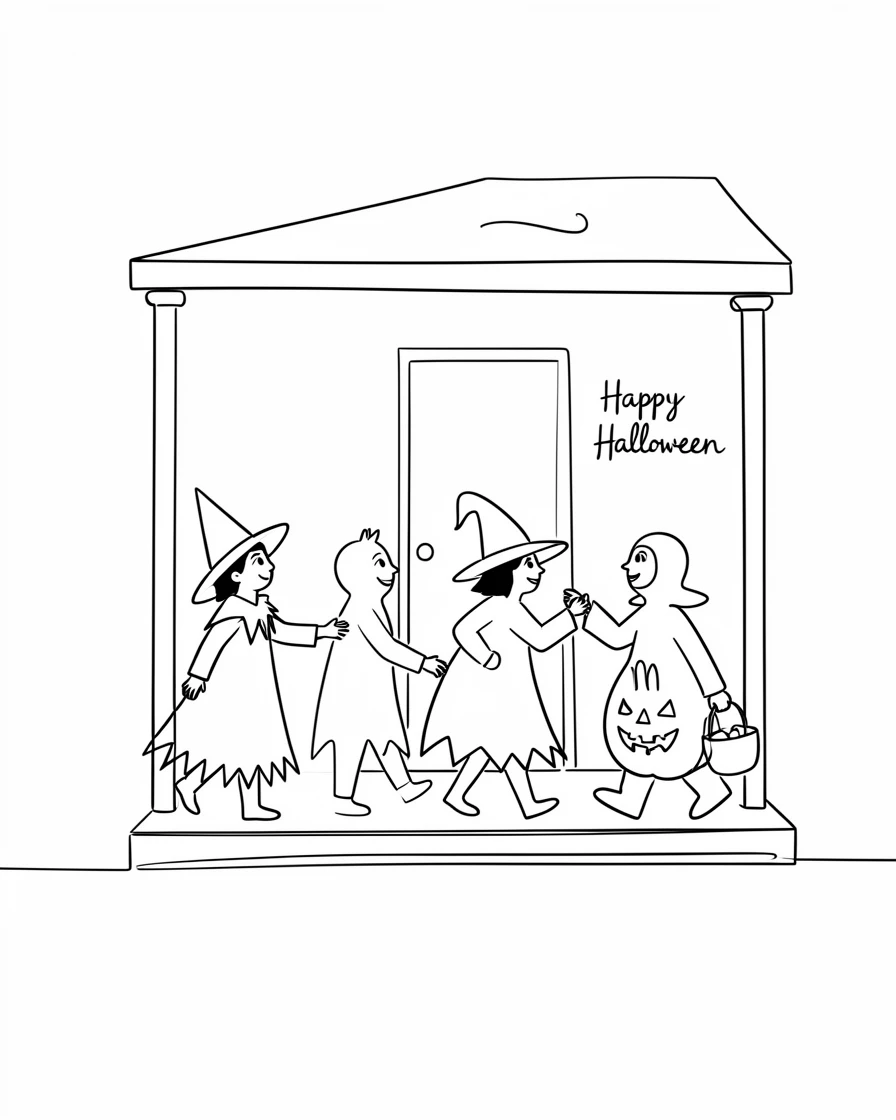 A Halloween trick-or-treat scene with children in costumes on a porch
