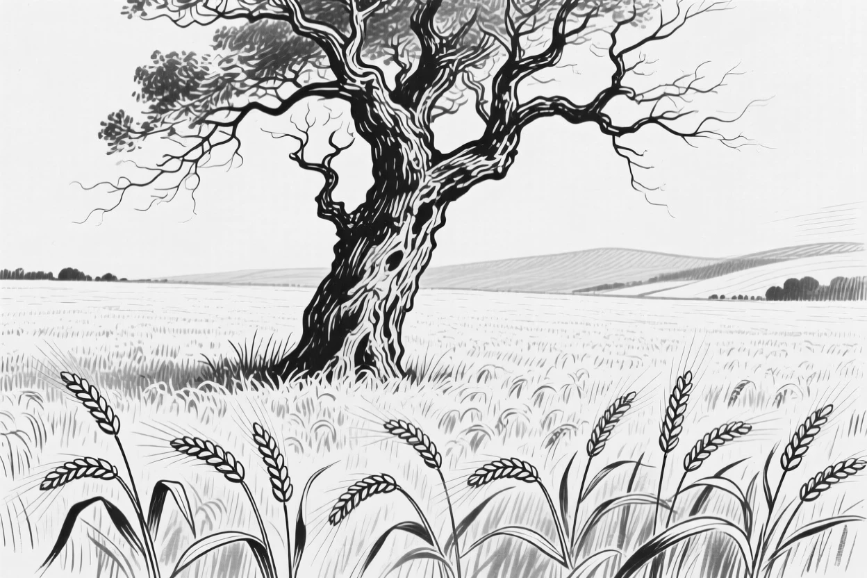 A peaceful wheat field with a single old tree standing at its center.
