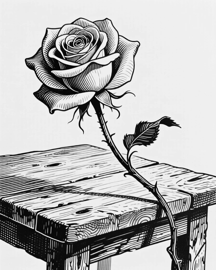 A single blooming rose set against a rustic wooden table, with stems bending gracefully under their own weight, composed in a delicate and romantic still-life arrangement.