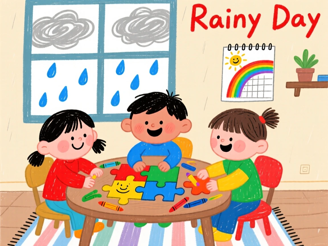Children doing a puzzle together on a rainy afternoon.