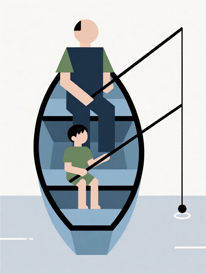 A father and son fishing from a small boat