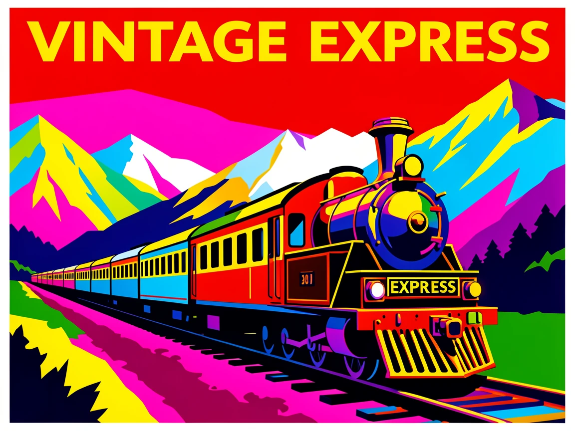 Vintage train winding through mountain scenery
