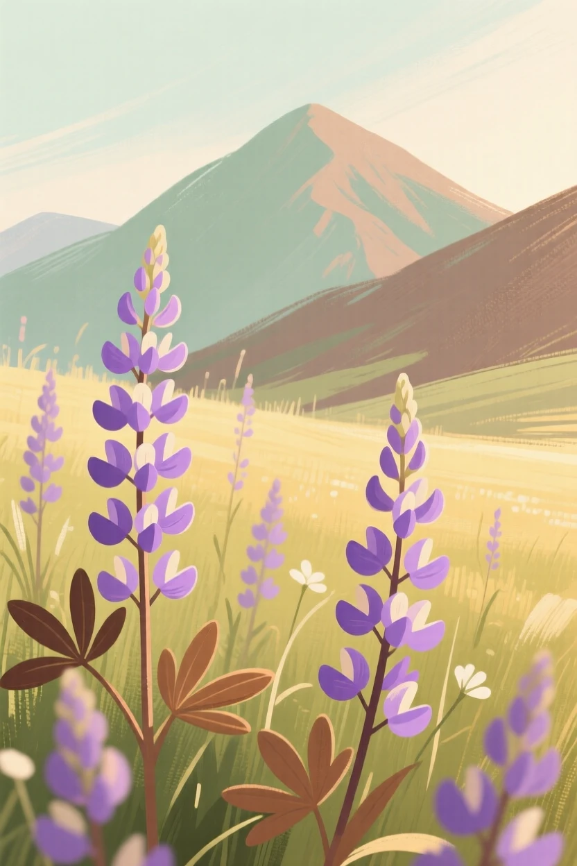 A meadow of purple lupines beneath distant mountain peaks