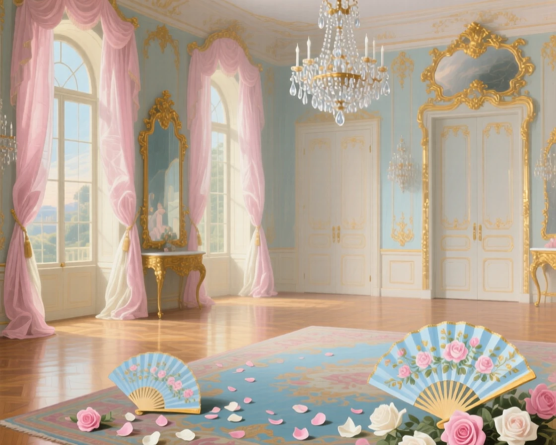 A glittering ballroom after the guests have departed, scattered with fans and roses  