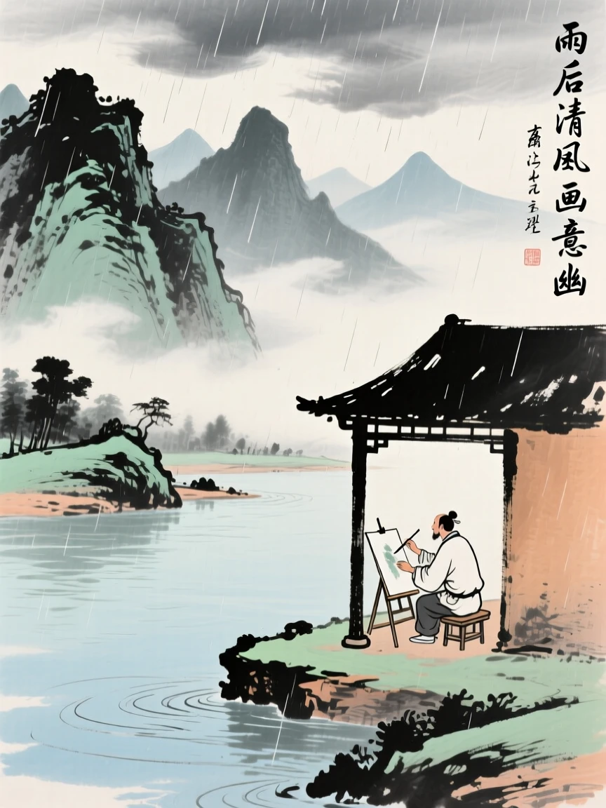 An artist sketching the mountains from a riverside pavilion, as summer rain begins to fall, under clearing skies after a storm.