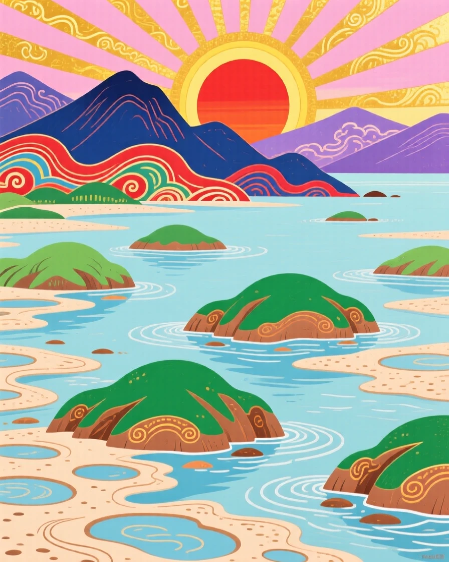 A sweeping view of an island dotted bay at low tide as the sun sets behind distant peaks.
