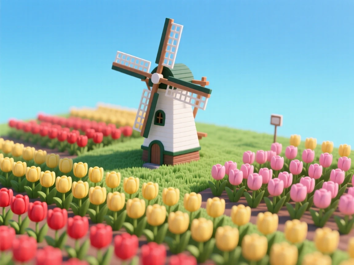 A vibrant tulip field in the Netherlands with rows of red, yellow, and pink blooms stretching to a distant windmill under a bright blue sky.