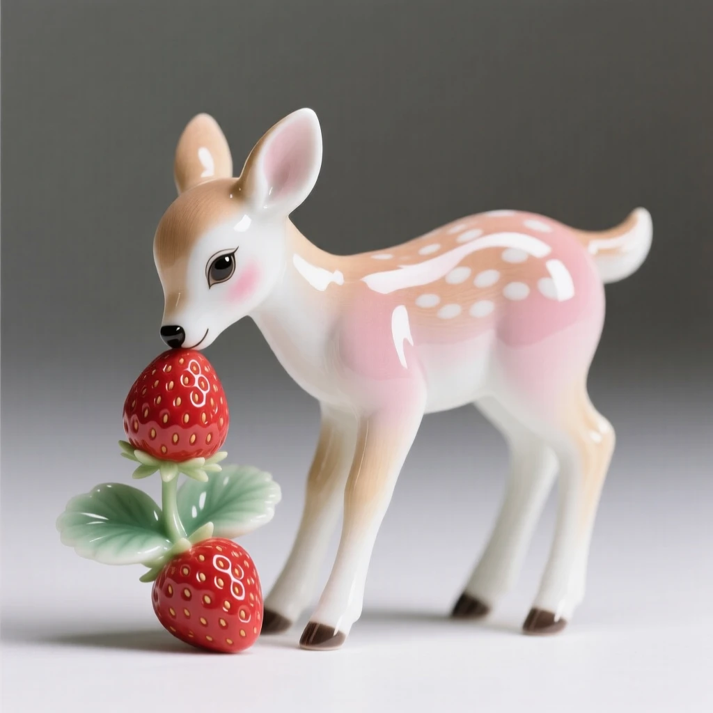 A tiny fawn nibbling on a wild strawberry, utterly charming and full of innocent wonder.