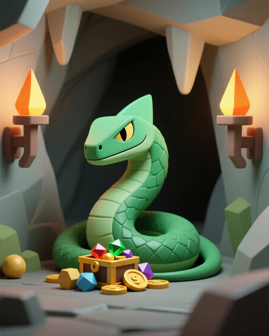 A fierce basilisk with emerald scales coils protectively around a hidden treasure deep within a torchlit cavern.