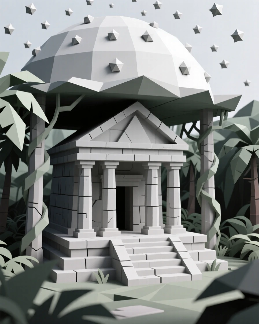 An ancient stone temple wrapped in jungle vines, beneath a sky full of stars. vibrant color accents contrast against neutral stone. A quiet grandeur fills the setting.
