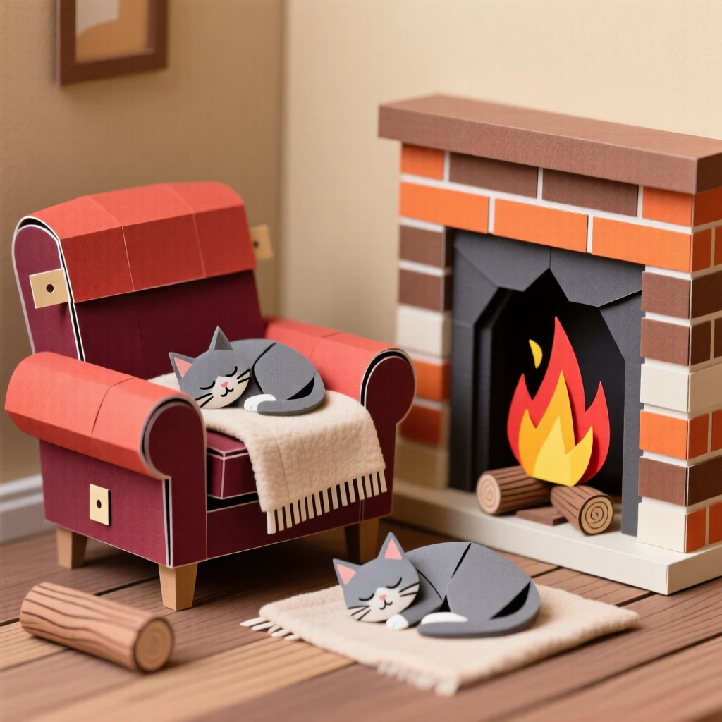 A cozy reading corner with a plush armchair, a crackling fireplace, and a cat curled up asleep on a soft blanket, evoking warmth and contentment.