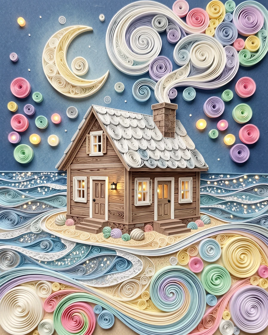 a cozy winter cabin with smoke curling from the chimney, on a moonlit beach during a warm summer evening, captured with festive bokeh lights in the background, in bright cheerful pastel spring colors.