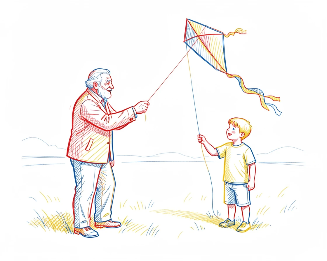 A grandfather showing his grandson how to fly a kite in an open field