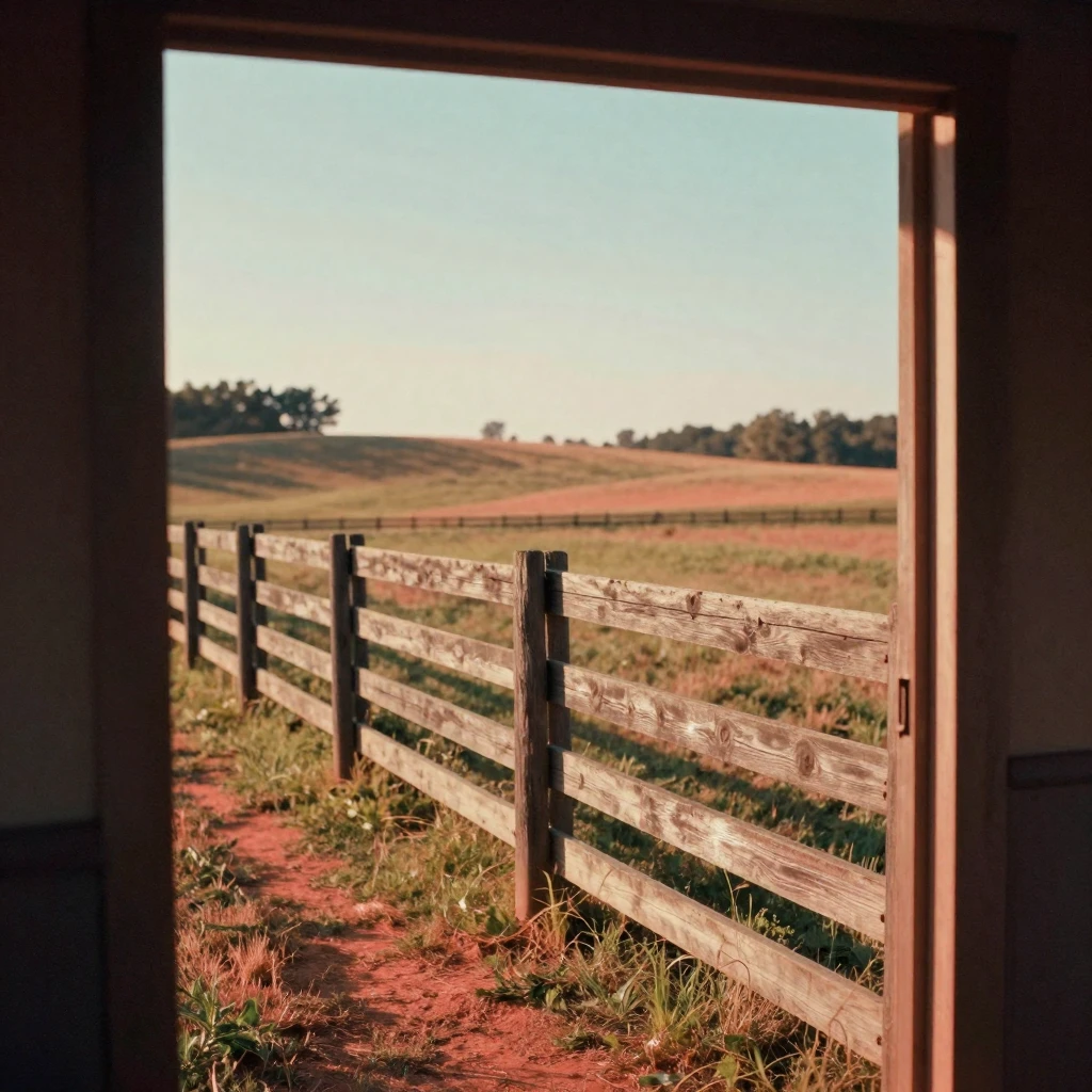 A rustic wooden fence bordering a quiet pasture, in low lamplight, as heat shimmers over the ground, in the height of summer, in vivid coral and turquoise hues, framed through an open doorway.
