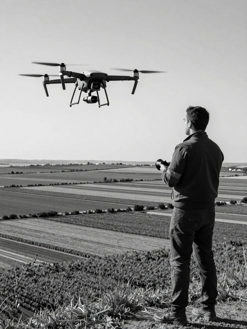 A drone operator guides a camera drone over farmland above a patchwork of crop fields.