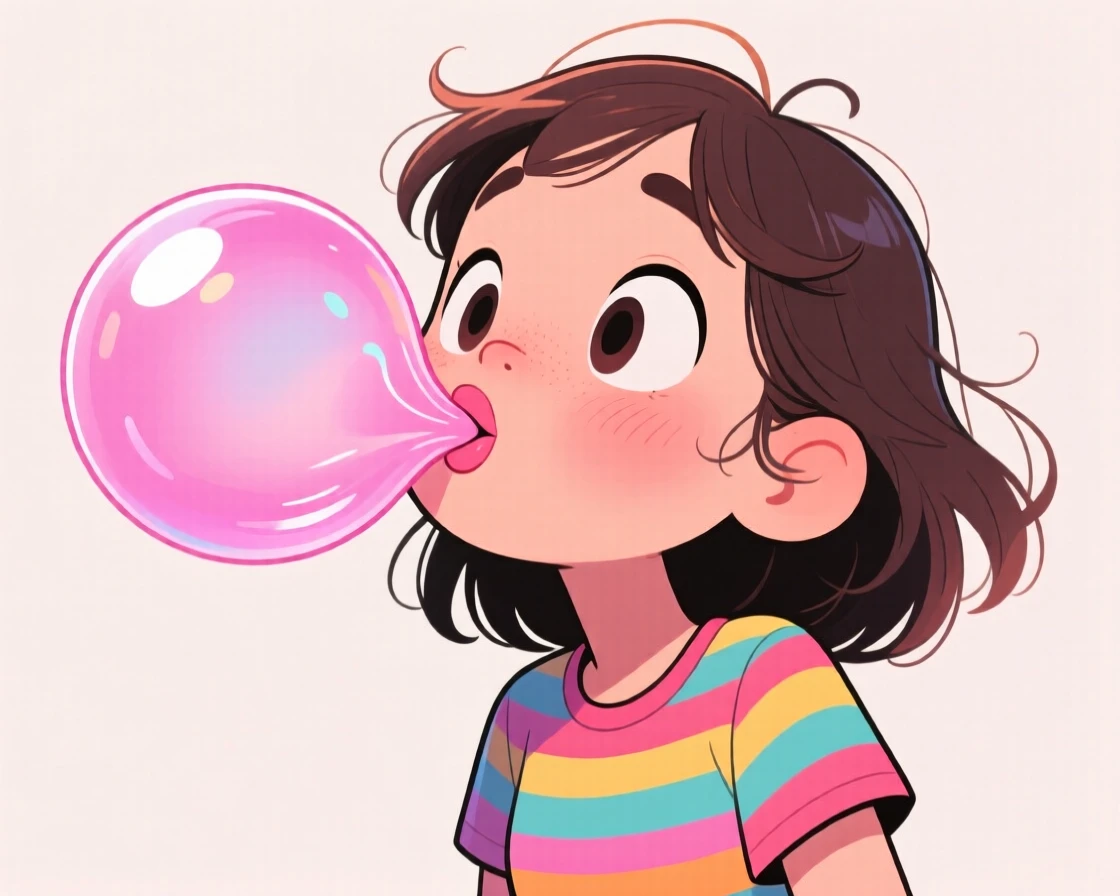 A playful childhood moment of a girl blowing an enormous bubble with bubblegum that's about to pop across her face.