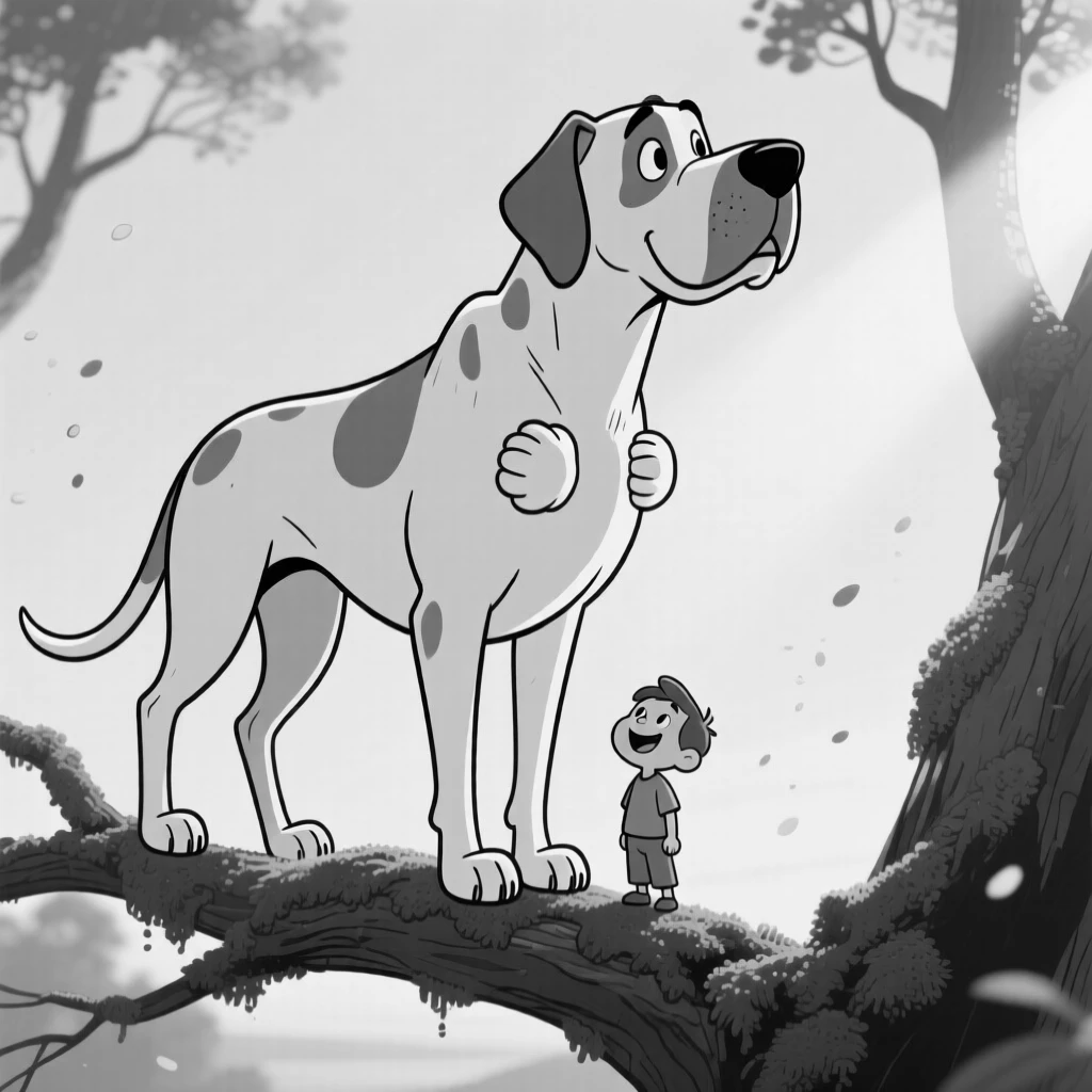 A goofy Great Dane towering over its tiny owner, puffing out its chest with self-importance, set on a mossy tree branch at dusk. Dust motes float in a beam of afternoon sun. It feels like the kind of photo that instantly earns a smile.