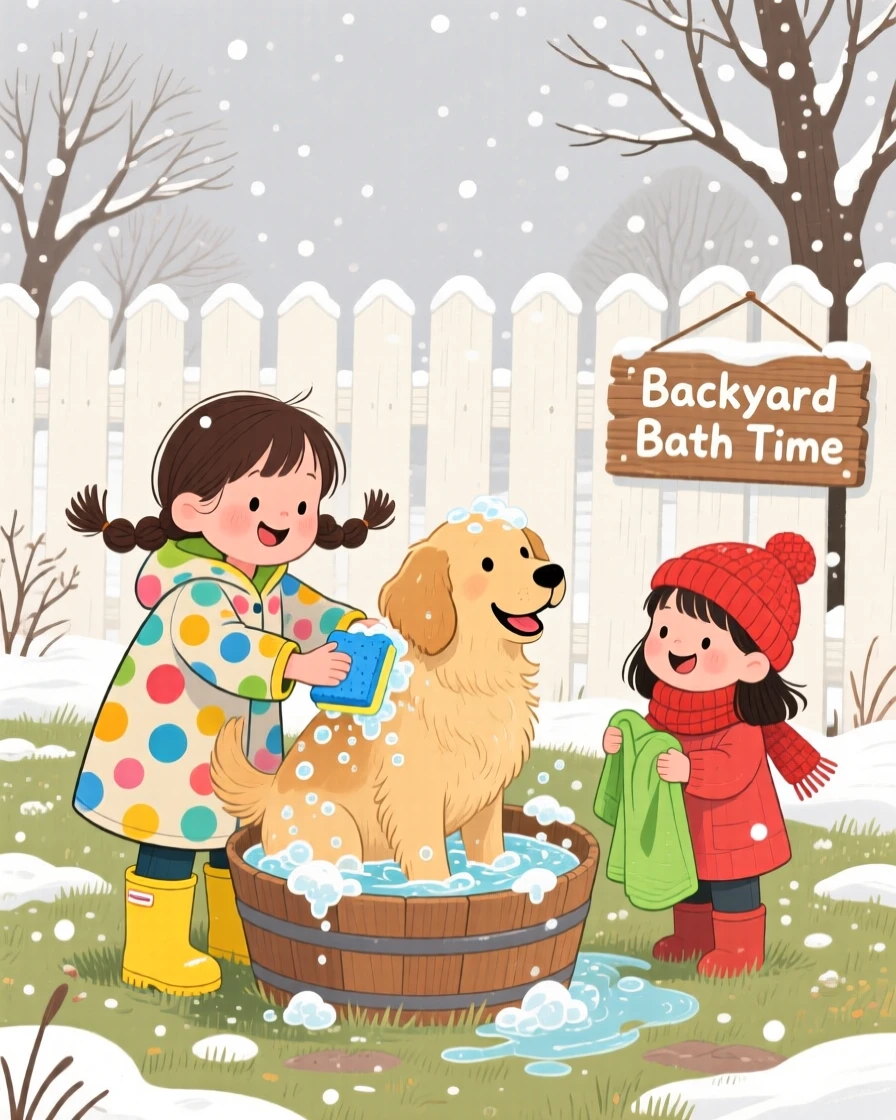 With his little sister close by, a small girl with pigtails is washing a happy dog in the backyard, while soft snow falls outside.