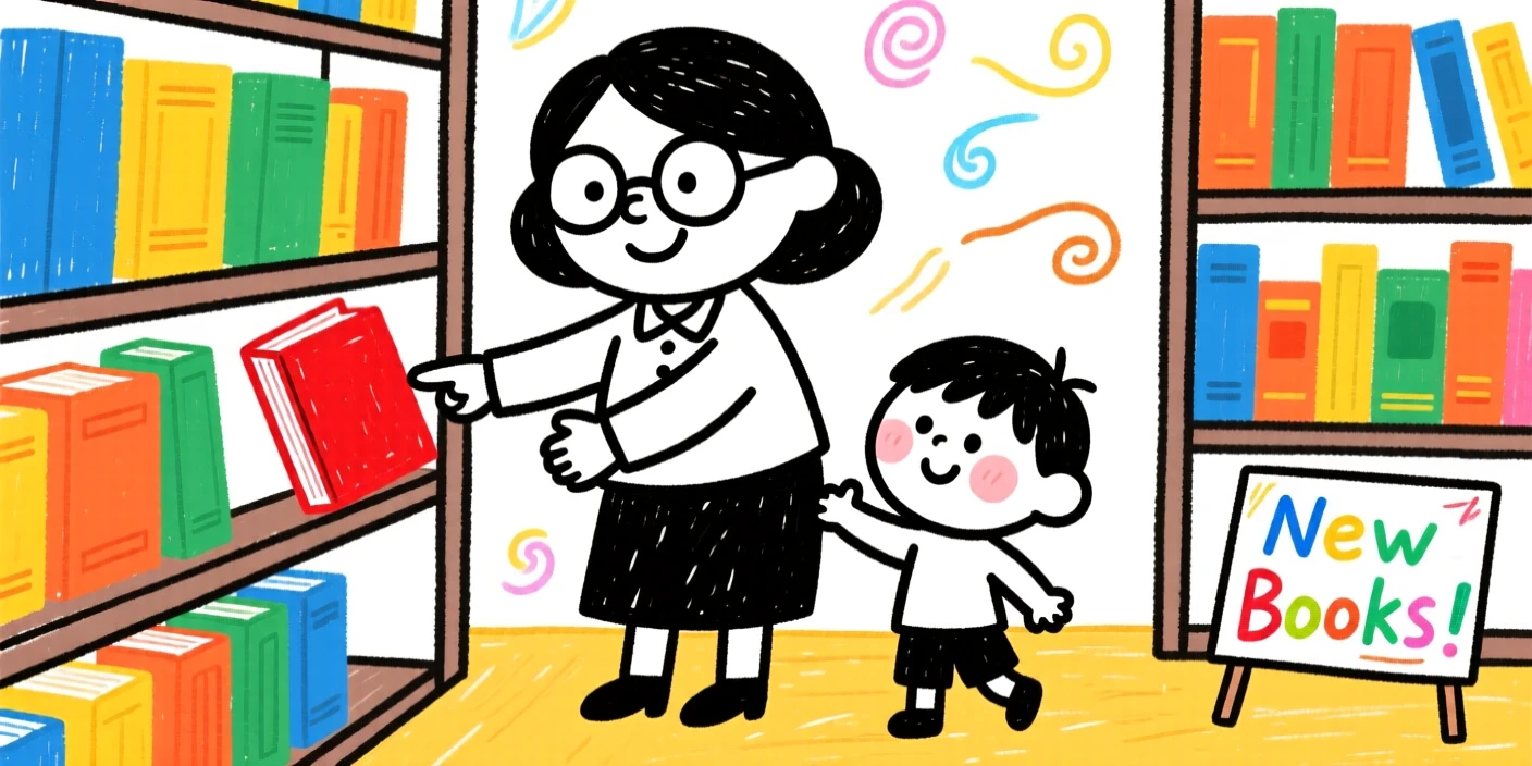 A librarian helping a child pick out a new book.