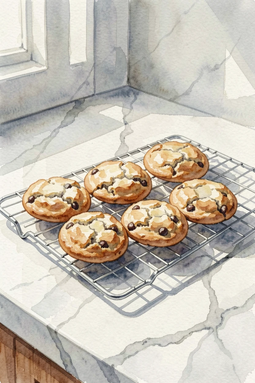 A tray of freshly baked cookies cooling on a rack on a marble countertop.