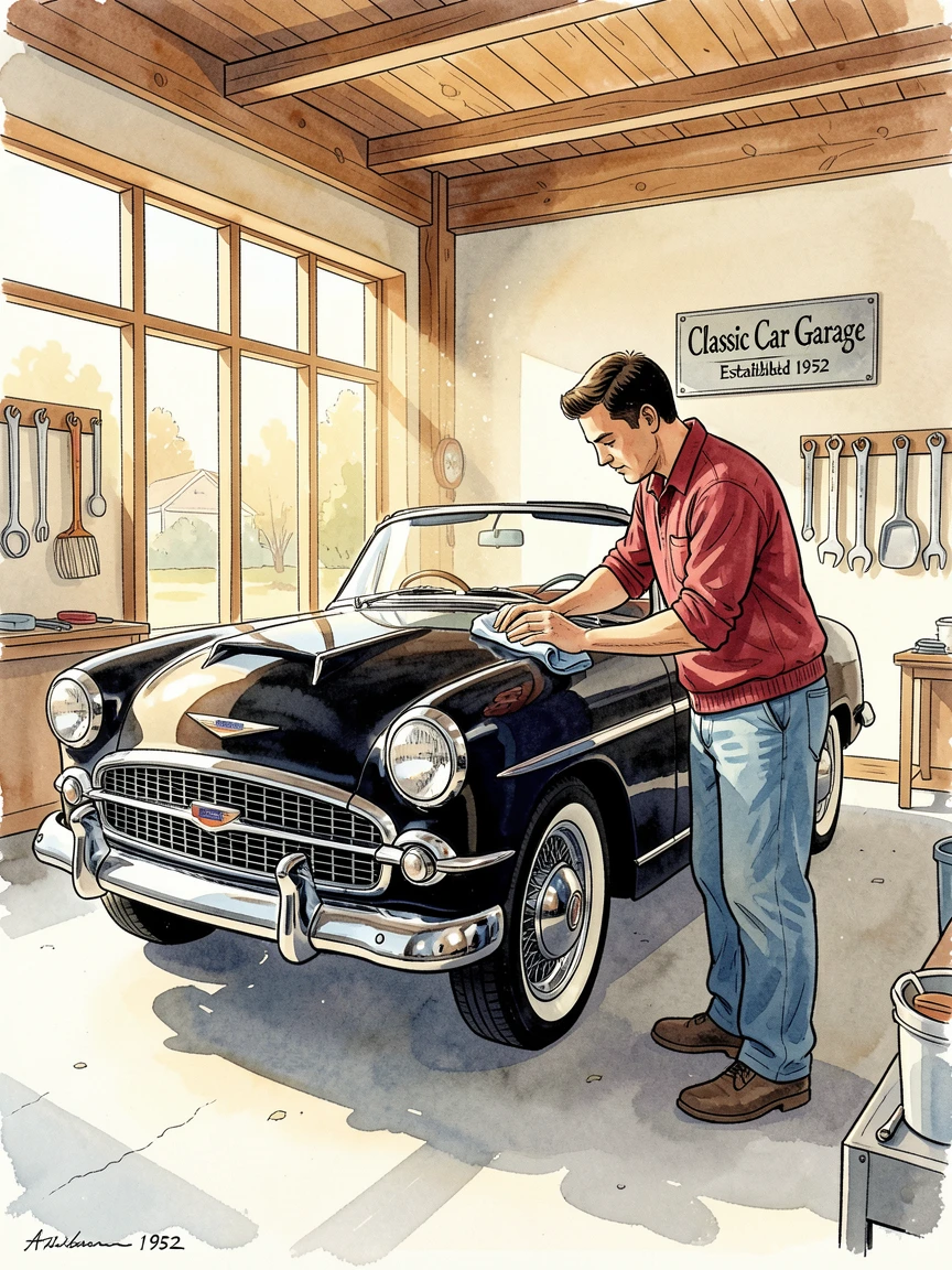 A vintage car enthusiast polishing a gleaming classic convertible in a sunlit garage