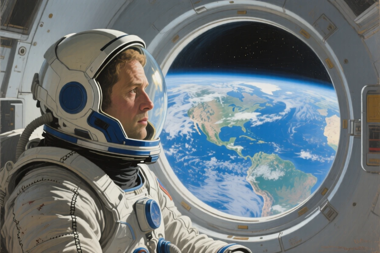 An astronaut gazing thoughtfully out of a spacecraft window at Earth below, with the background softly blurred to keep attention on their face, offering a tender and unforgettable glimpse into the human spirit