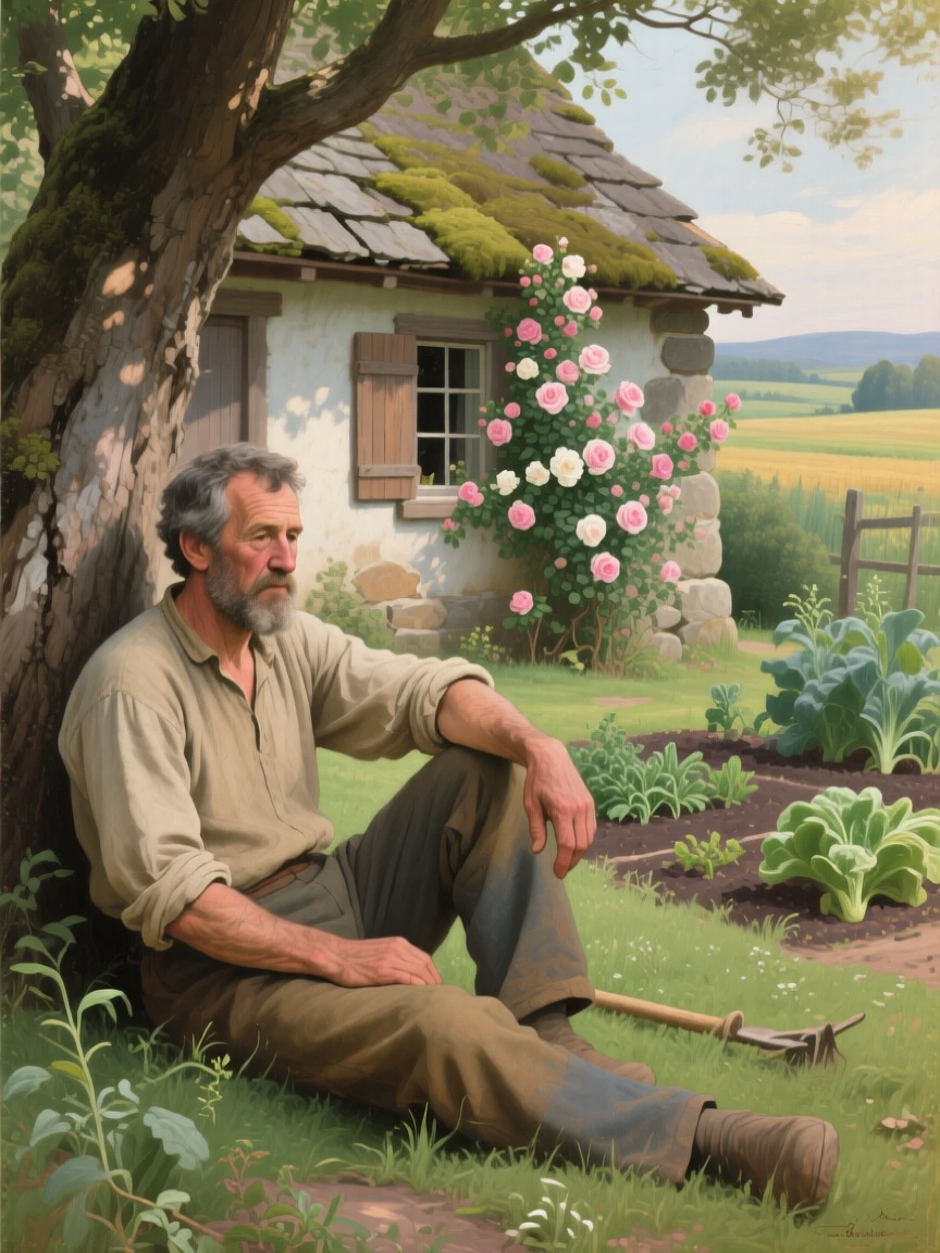 A farmer resting beneath a tree after a long day in the fields as warmth and community shine through humble work, set beside a rustic cottage framed by climbing roses, with modest but well-tended surroundings speaking of quiet pride; warm natural light elevates a humble scene into something timeless, evoking dignity, warmth, and the quiet poetry of daily life.