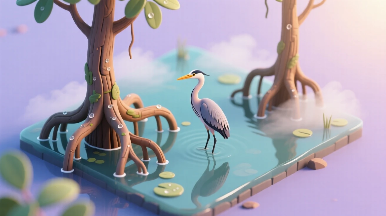 A mangrove swamp at dawn with mist rising off still water, roots twisting into the shallows, and a heron standing motionless hunting for fish.