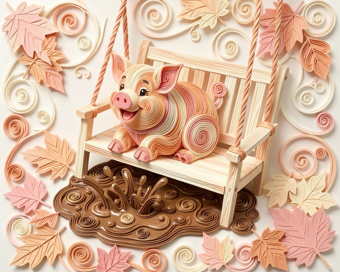a piglet splashing happily in a mud puddle on a porch swing surrounded by autumn leaves, in warm pastel tones of peach, cream, and soft pink, shown from a gentle overhead perspective.