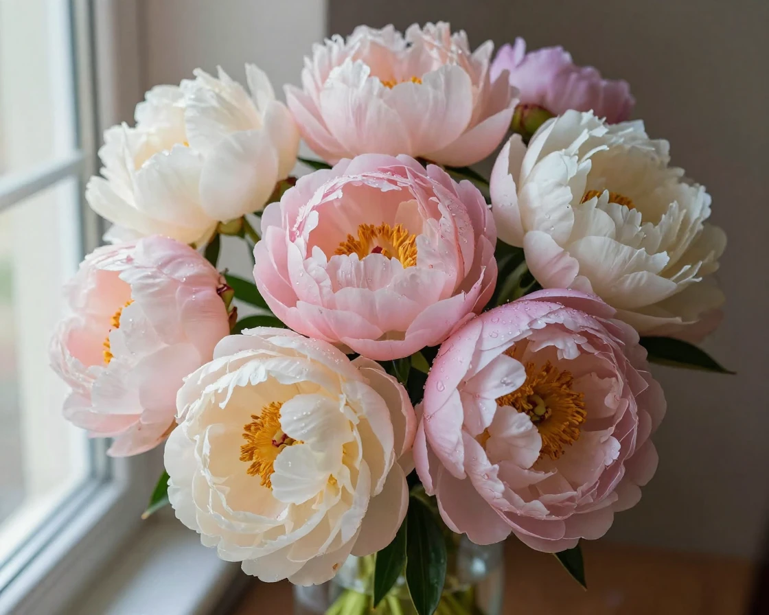 A bouquet of peonies in soft pastel colors