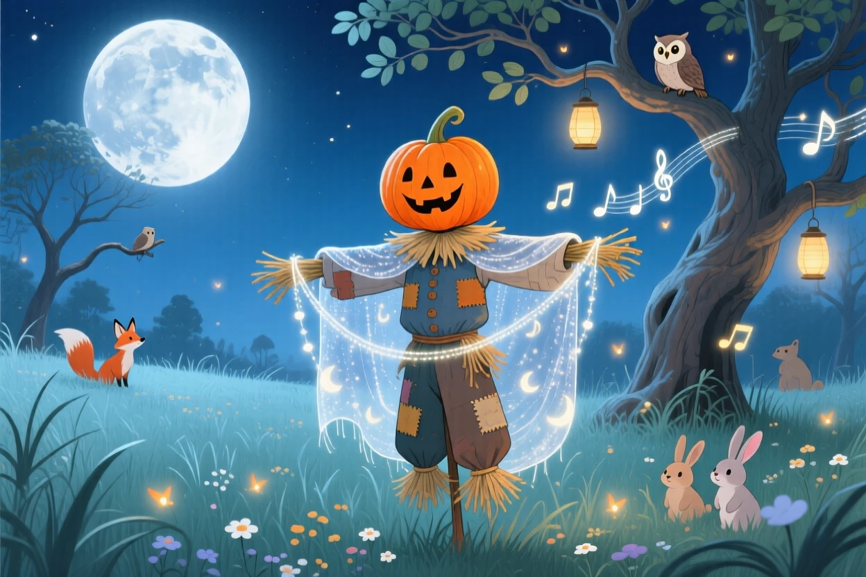 In a moonlit meadow, a pumpkin-headed scarecrow guardian discovers a moment of wonder while weaving a cloak out of moonbeams, while gentle music seems to hum from the trees.