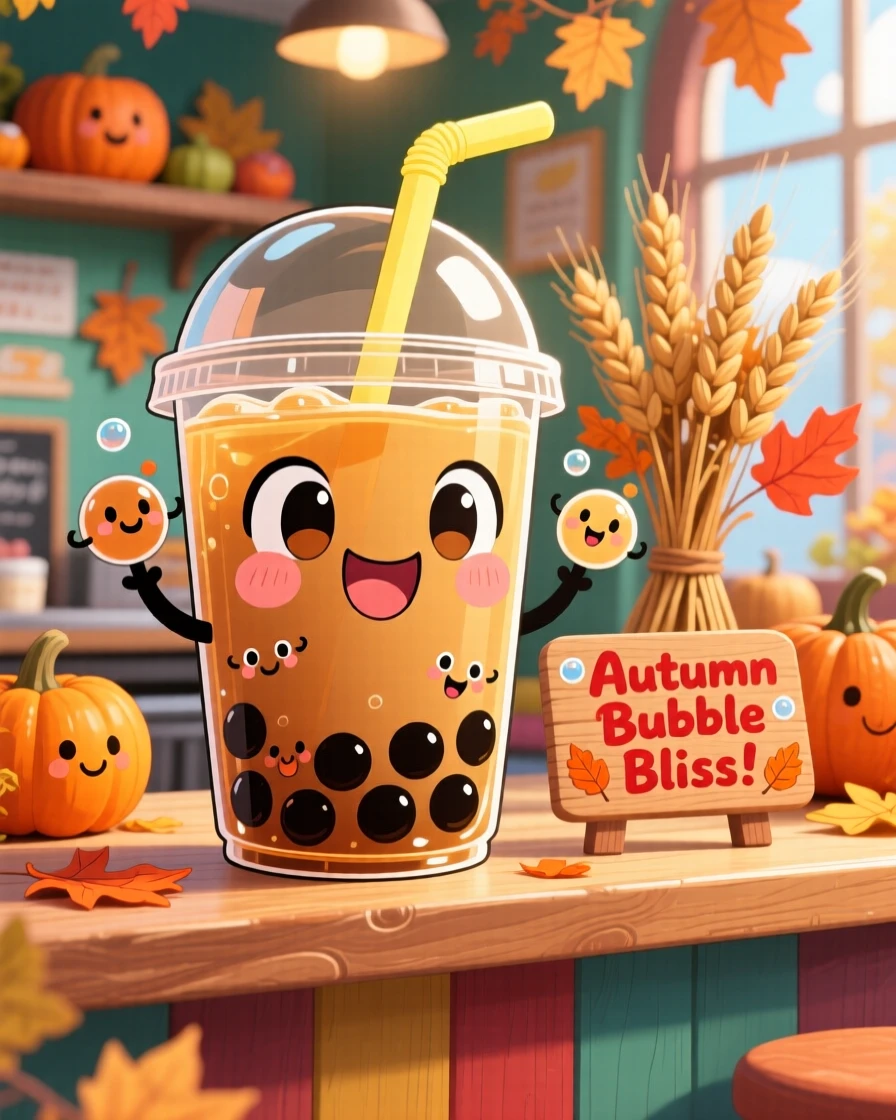 Waist-up portrait of a bubbly bubble-tea cup, with tapioca pearls bouncing like friends, in a colorful café counter, during golden autumn harvest season, illuminated by bright midday sun, radiating playful mischief.