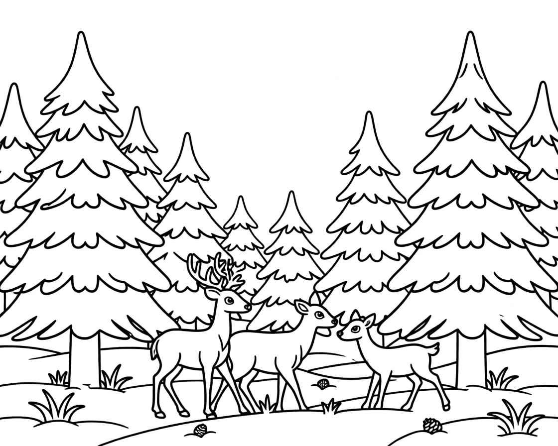 A frosty winter forest with a family of deer walking through snow
