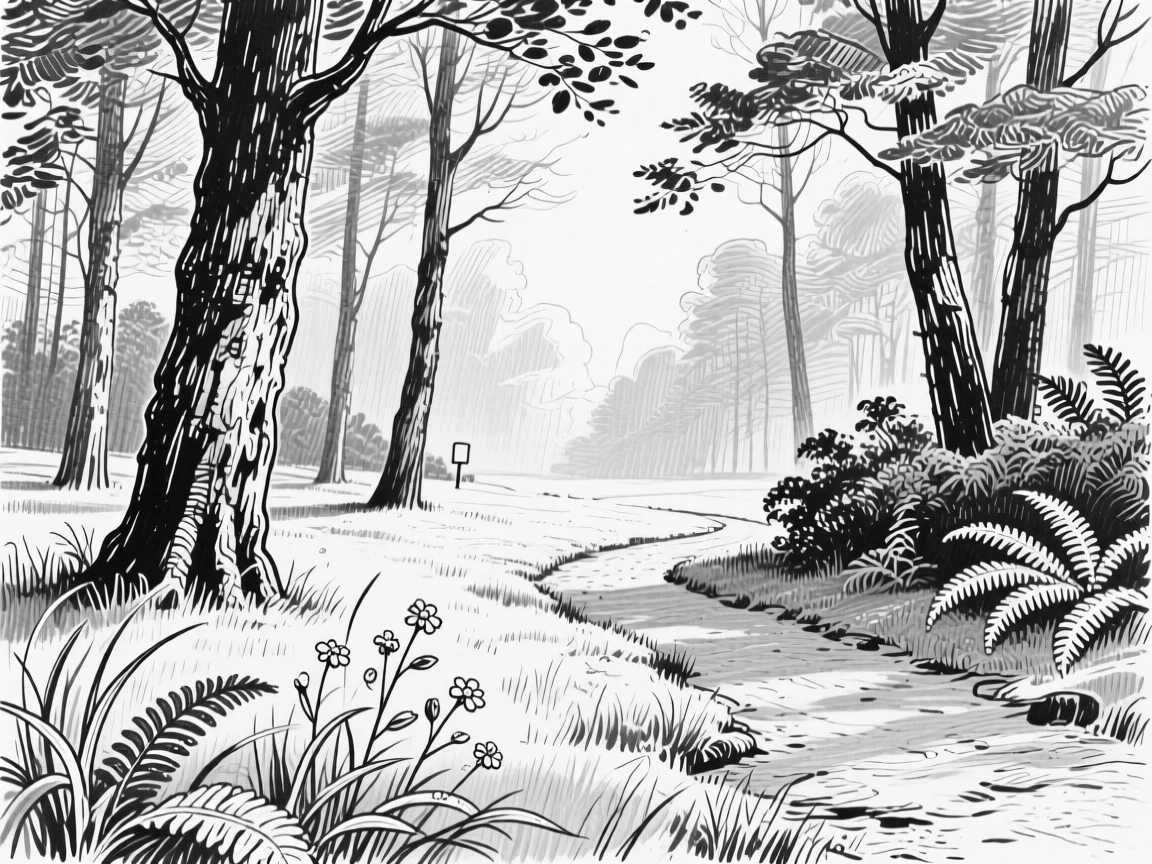 A quiet forest clearing filled with morning dew and soft sunlight.