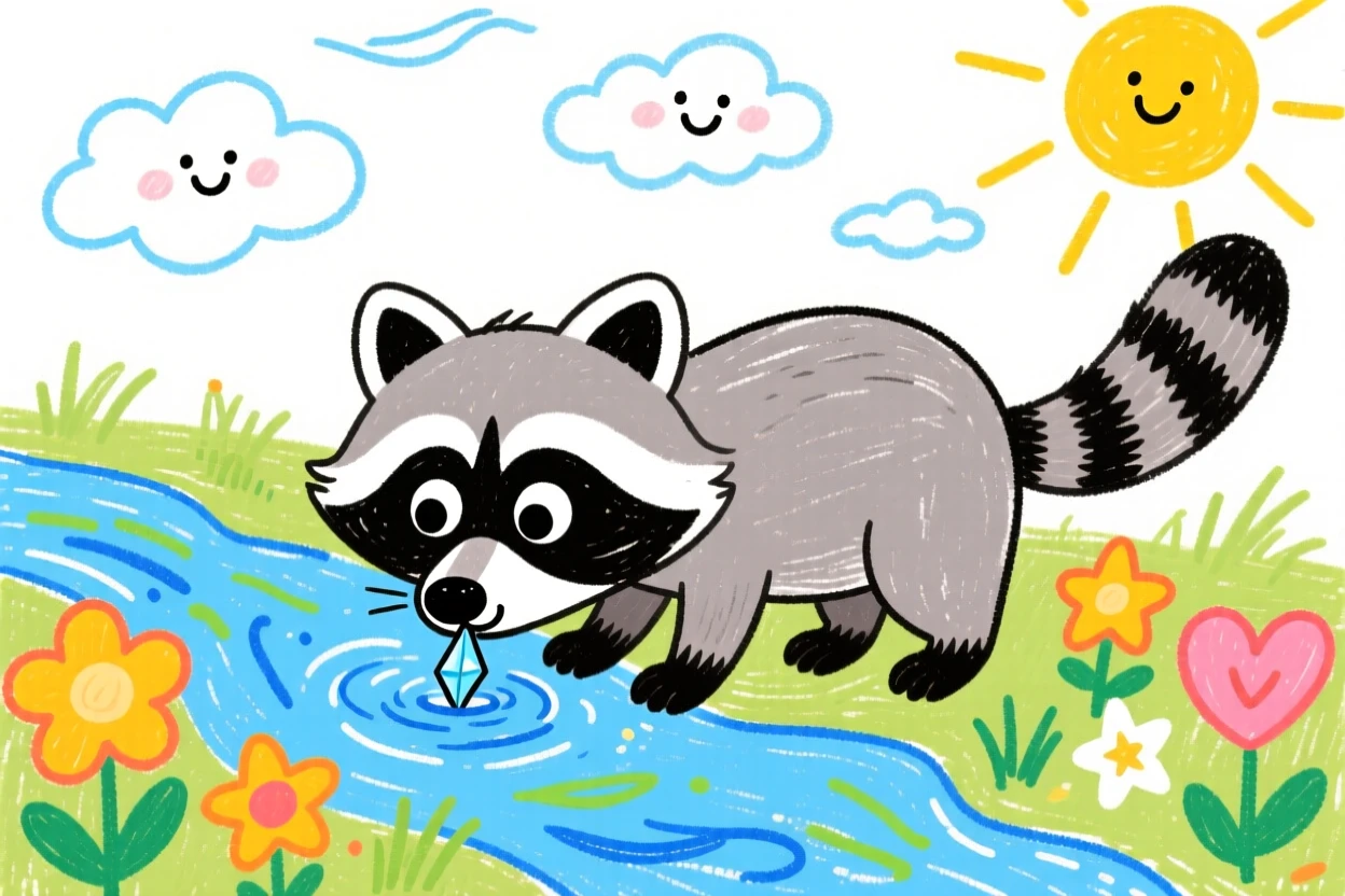 A curious raccoon kit drinking from a small crystal-clear stream.