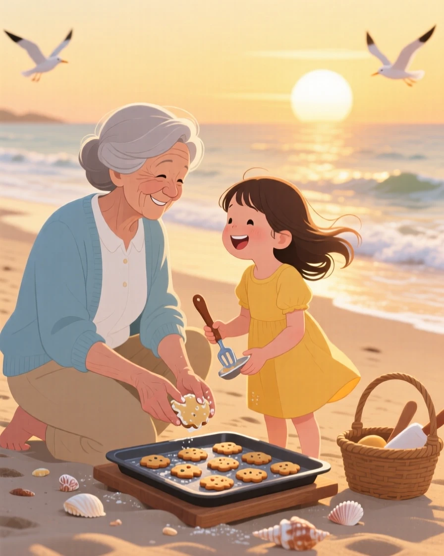 A grandmother and granddaughter baking cookies together, on a quiet beach at golden hour, framed to highlight connection between the people in the scene, with small joyful details like flying hair or bright laughter.