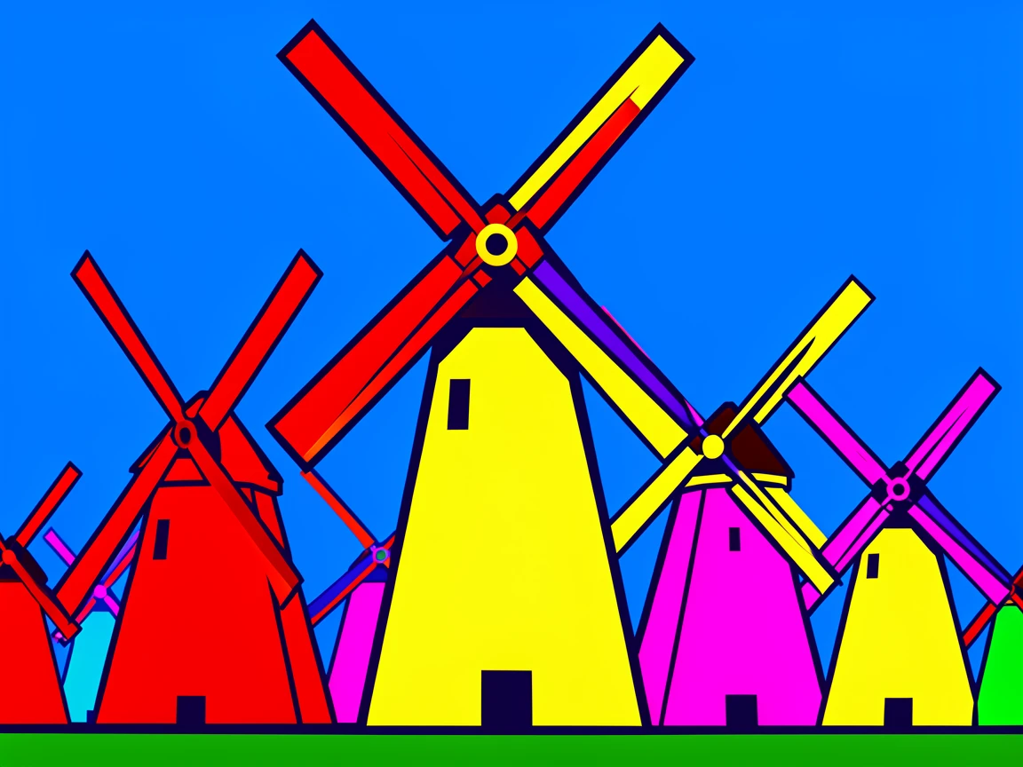 Windmills turning against a bright blue sky