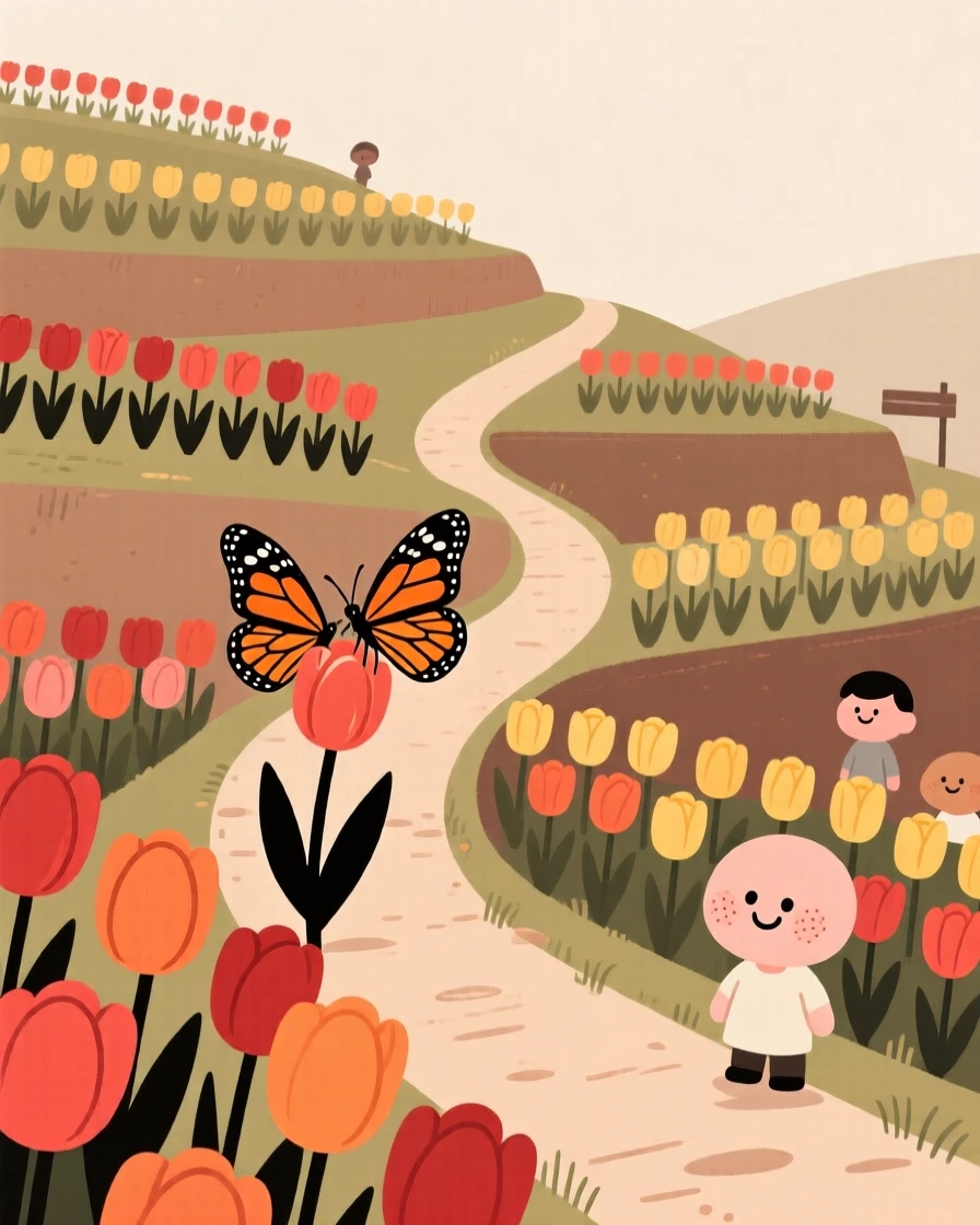 A winding path leads through a terraced hillside garden bursting with tulips in neat rows, where a monarch butterfly pauses among the blooms.