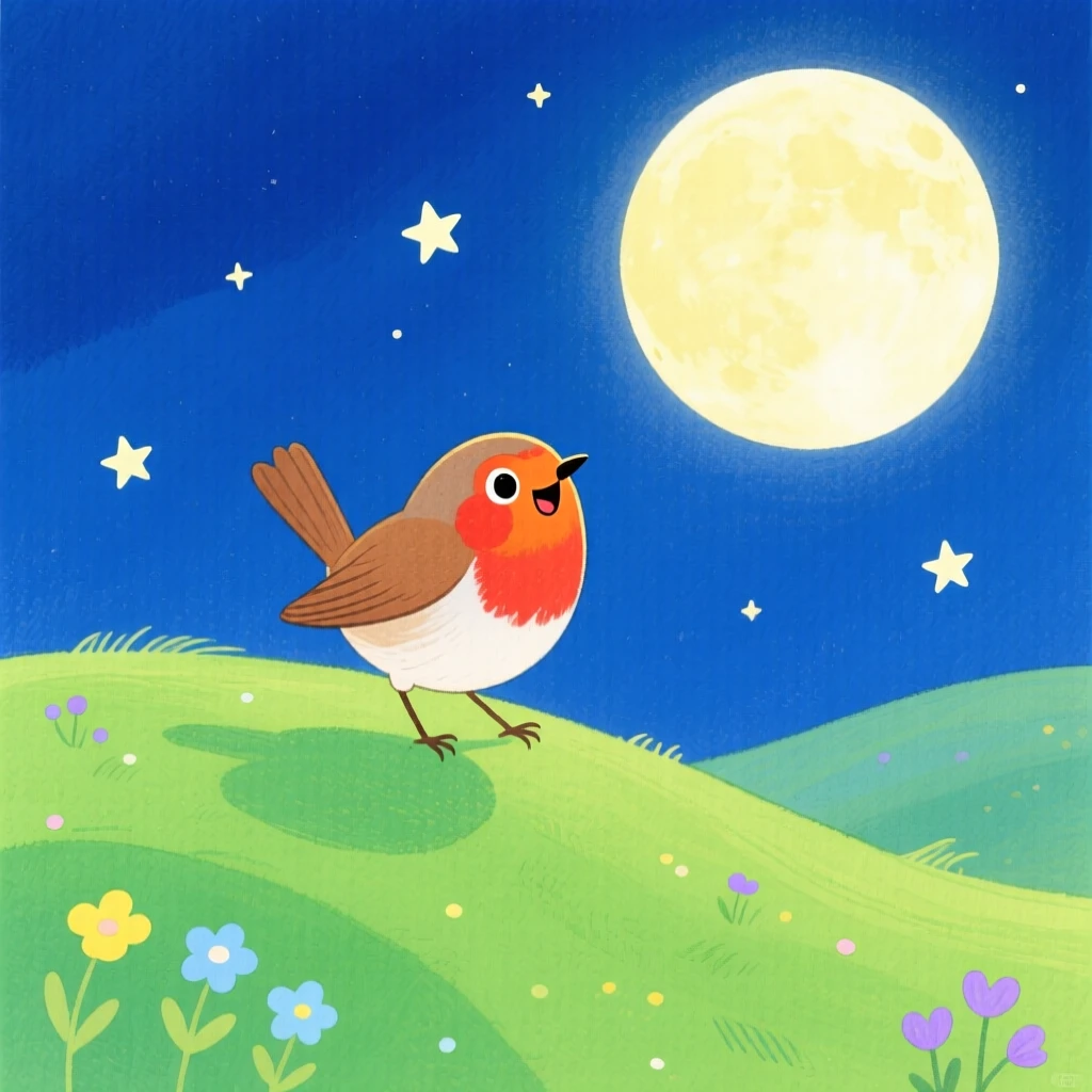 A chirping robin playing joyfully in a rolling green hillside under a full moon.