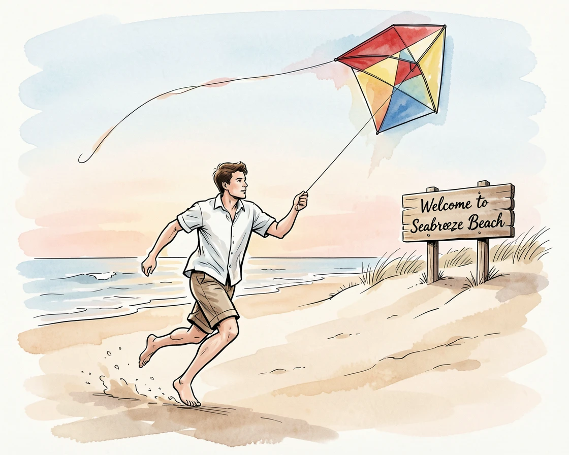 A kite flyer running along a beach as a colorful kite dips and soars overhead