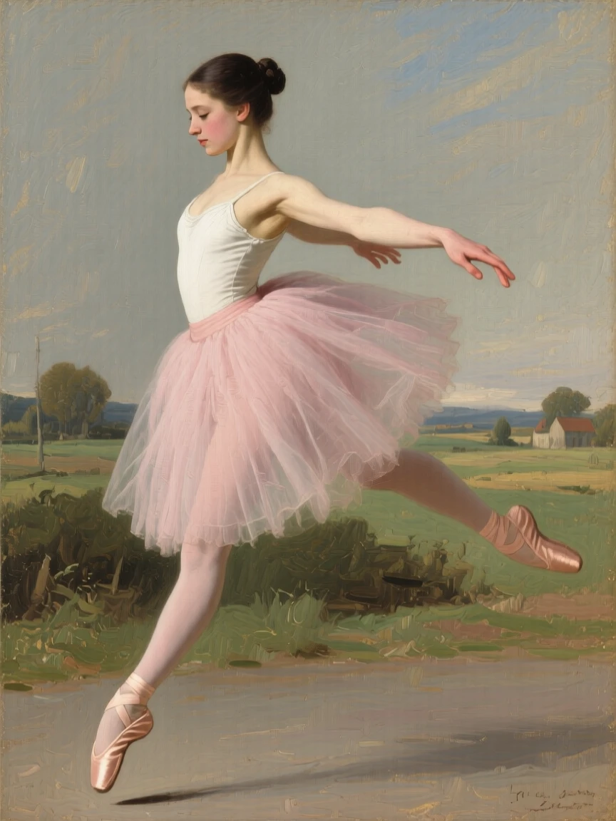 A young ballerina in mid-leap, her expression full of focus and grace, their hands shown in careful, expressive detail, evoking warmth, empathy, and genuine connection