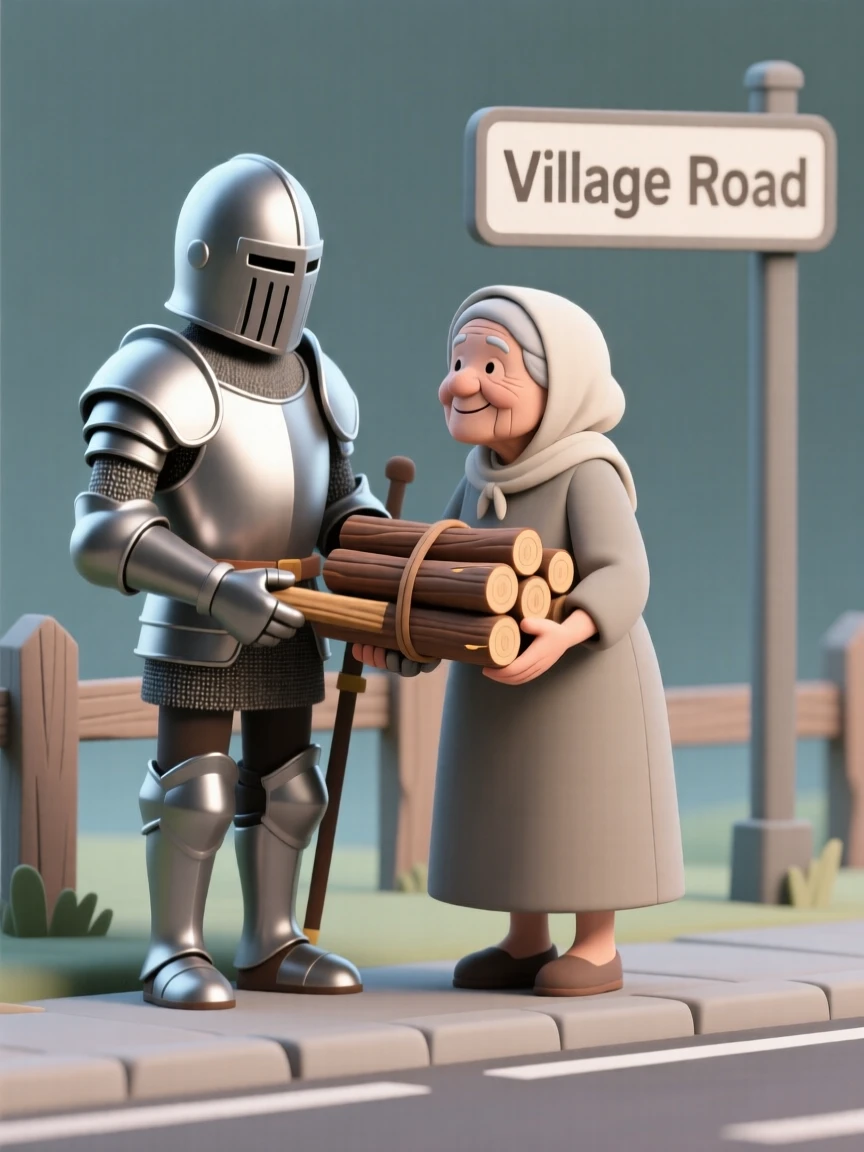 A noble knight helps an old woman carry firewood, armor gleaming despite the humble roadside task.